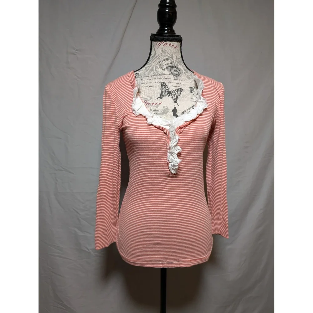 J Crew Peach White Striped Ruffle Button Front Cotton Henley Top Women's‎ Small